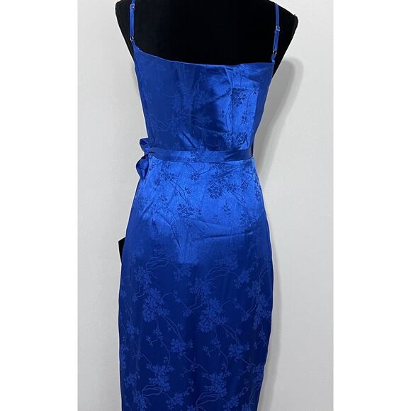 Lulus Royal Blue Satin Floral Jacquard Midi Wrap Dress NWT Small - Picture 10 of 15